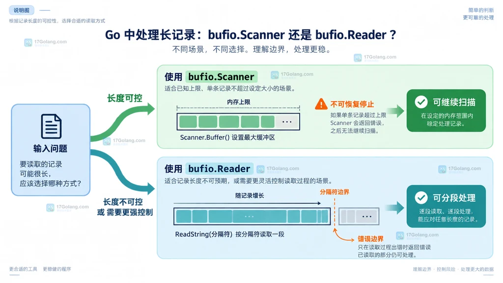 Go Scanner、ScanLines 与 token too long 默认边界的静态说明图