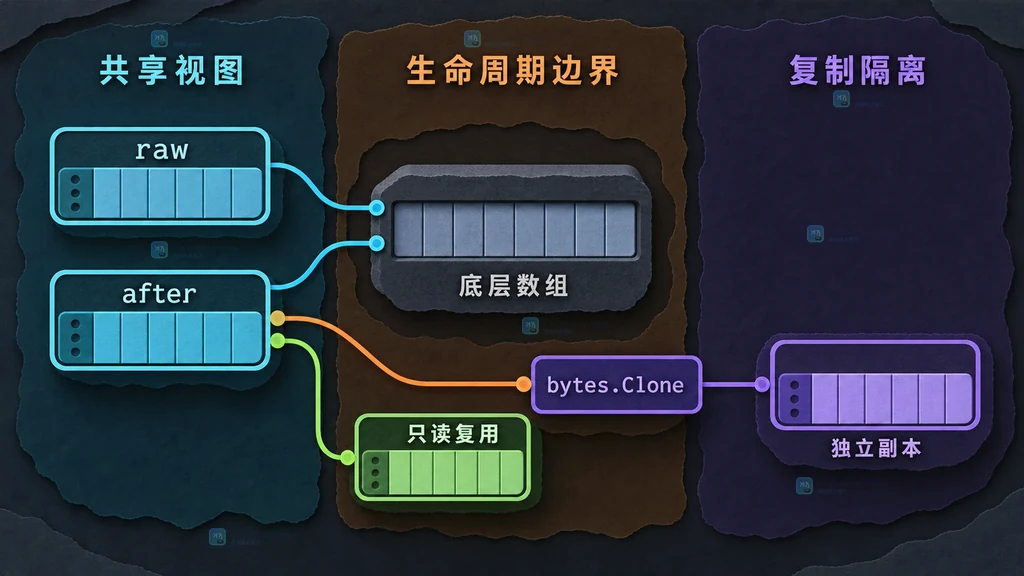 CutPrefix 返回切片、原始切片和底层数组之间的别名边界静态图