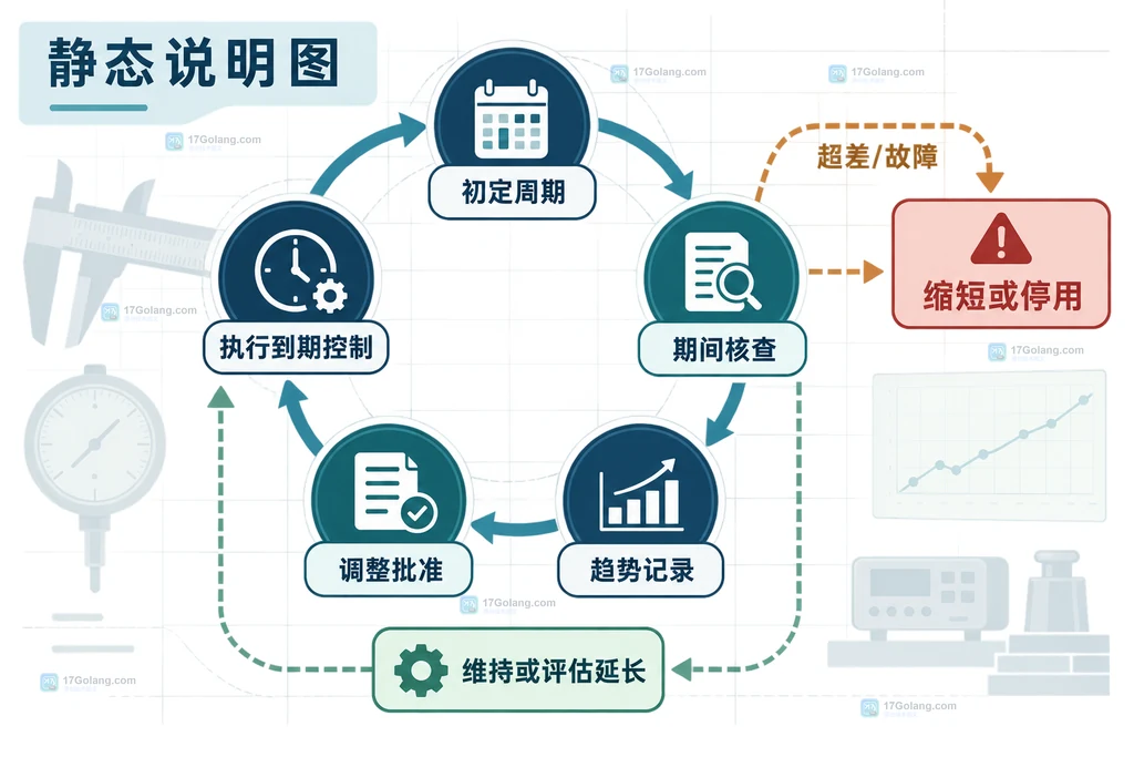 计量器具检定校准周期从初定到核查和调整的闭环说明图