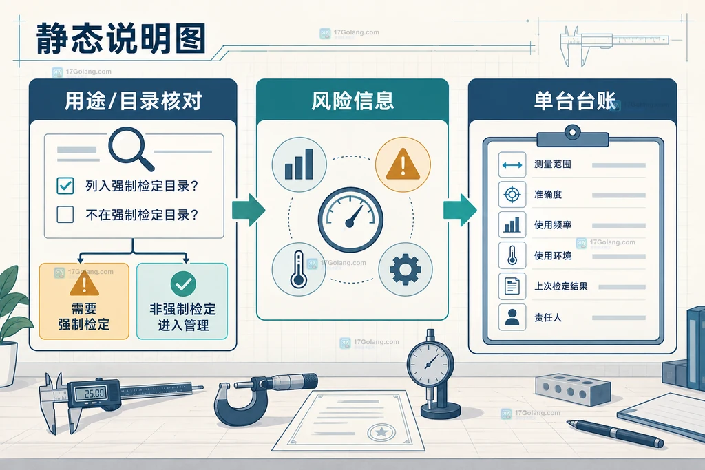 计量器具从用途目录核对、风险信息到单台台账的关系说明图