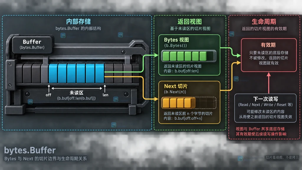 bytes Buffer 的 Next、Bytes、未读区和返回切片生命周期静态边界图