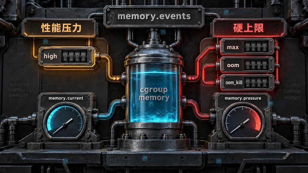 cgroup v2 memory.events 事件计数与 memory.current、memory.pressure 的静态诊断关系图