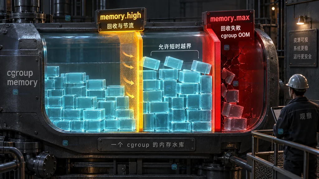 cgroup v2 memory.high 软压力边界和 memory.max 硬上限的工业剖面结构图