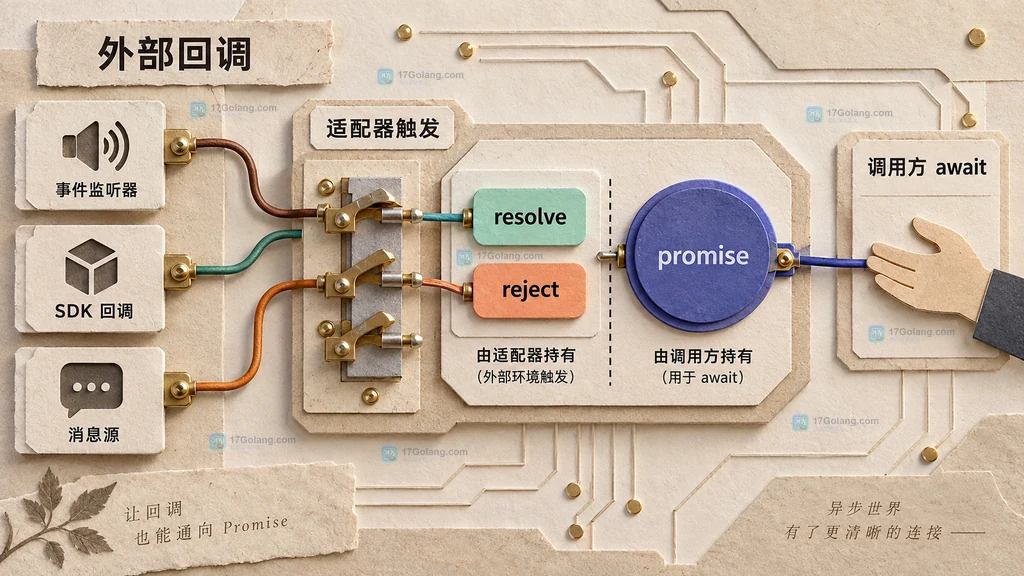 Promise.withResolvers 将外部回调与调用方 await 解耦的静态结构图