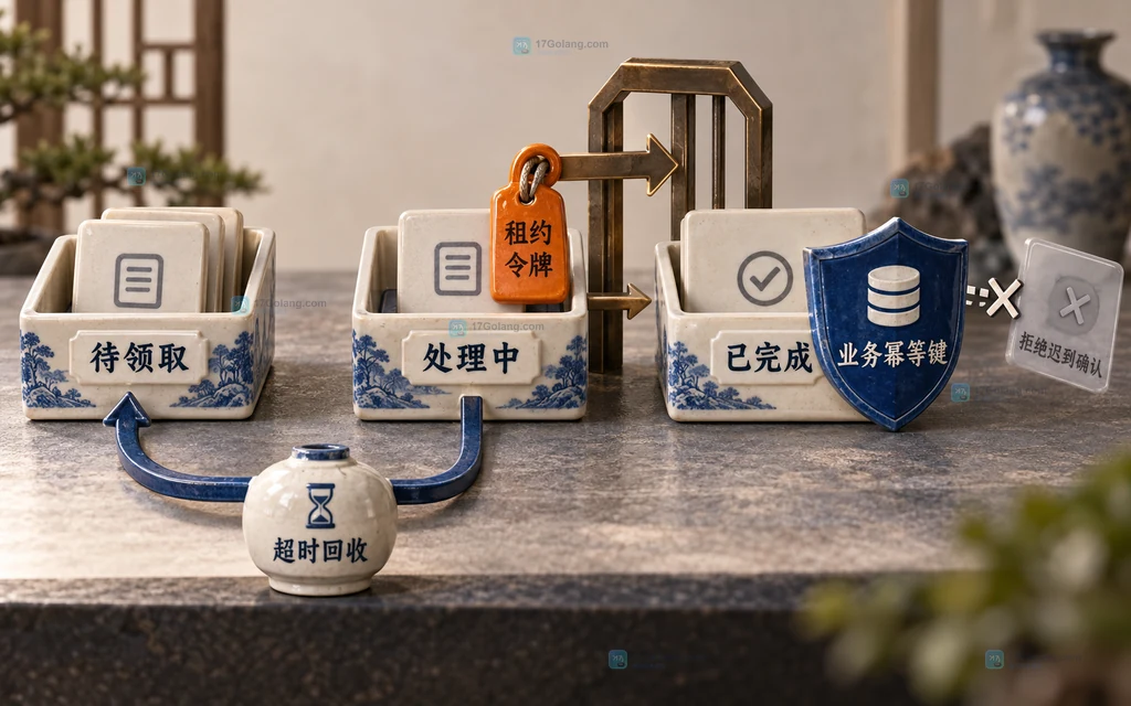 MySQL 任务状态、租约令牌、超时回收和幂等结果之间关系的静态说明图