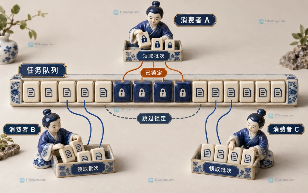 多个 MySQL 消费者跳过已锁任务并领取不同任务行的静态说明图