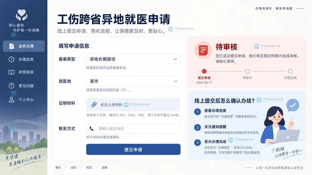 工伤跨省异地就医线上备案入口与申请字段界面说明图