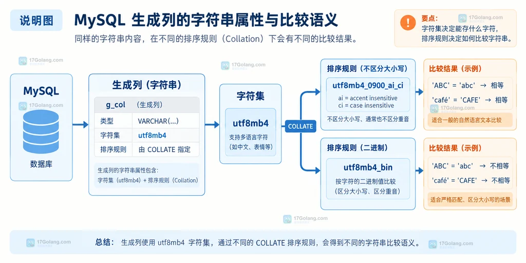 MySQL 生成列索引中字符集、排序规则与字符串比较结果的关系说明图