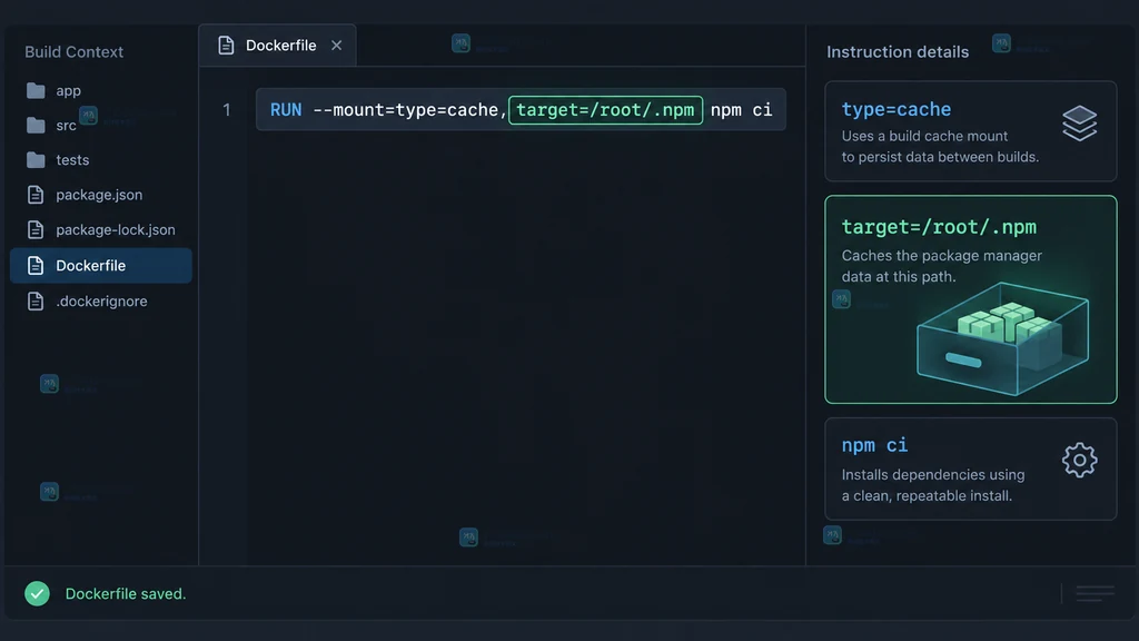 原创 Dockerfile 配置界面说明图，突出 RUN cache mount 与 npm 缓存目录