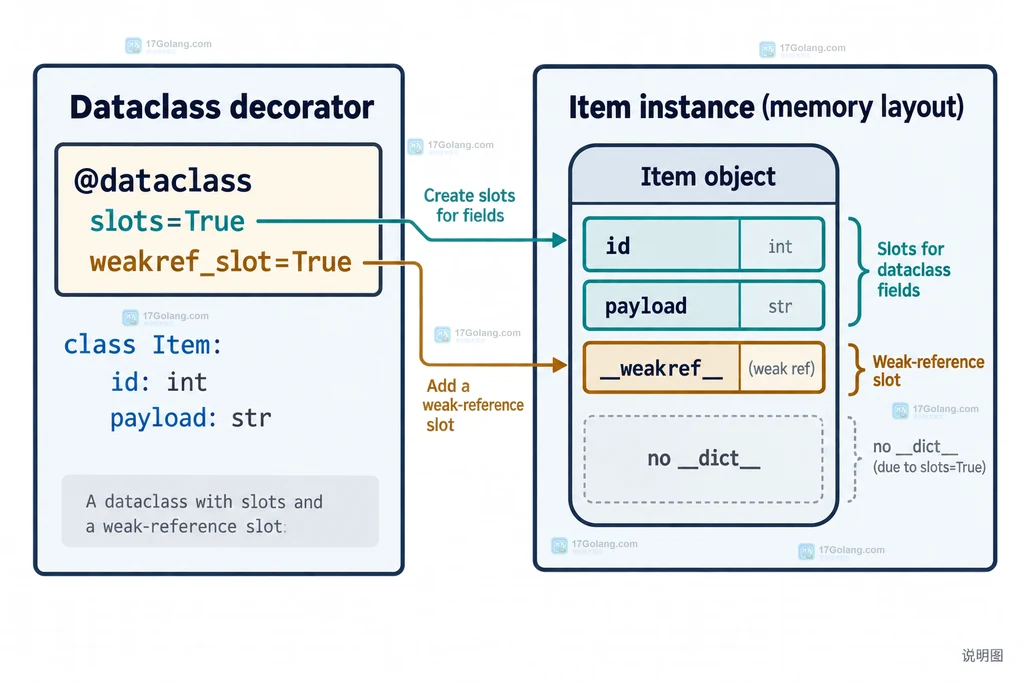 Python dataclass slots 与 weakref_slot 生成字段槽位和 __weakref__ 的静态结构说明图