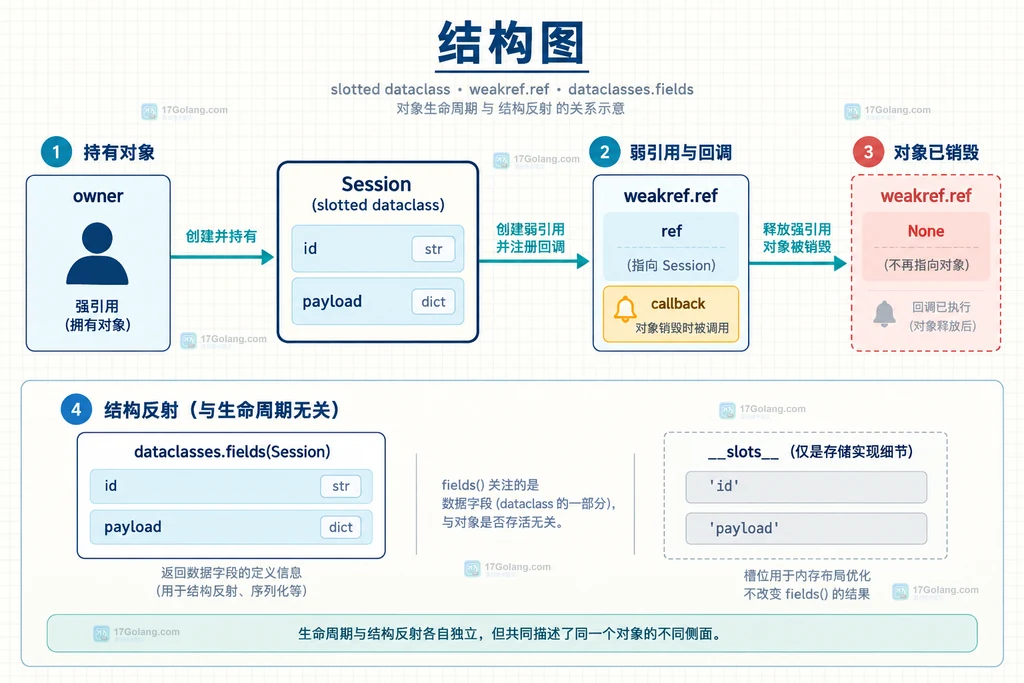 Python weakref.ref 回调与 dataclasses.fields 字段反射关系图