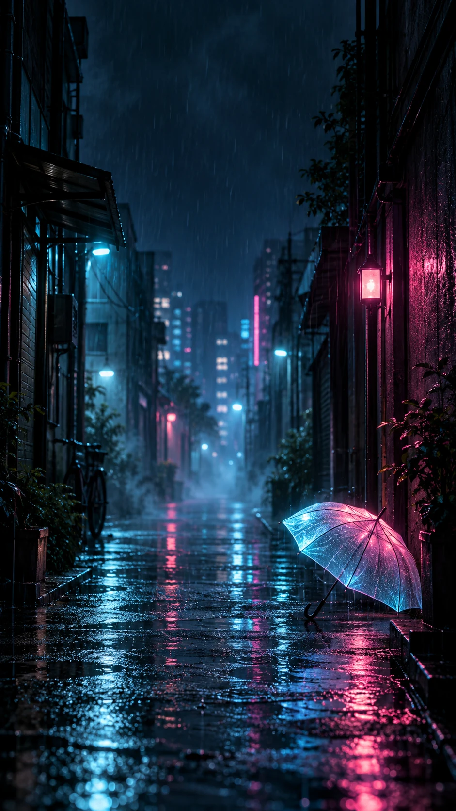 适合手机锁屏的霓虹雨巷主壁纸,顶部留白,右下角有发光雨伞和湿地反光