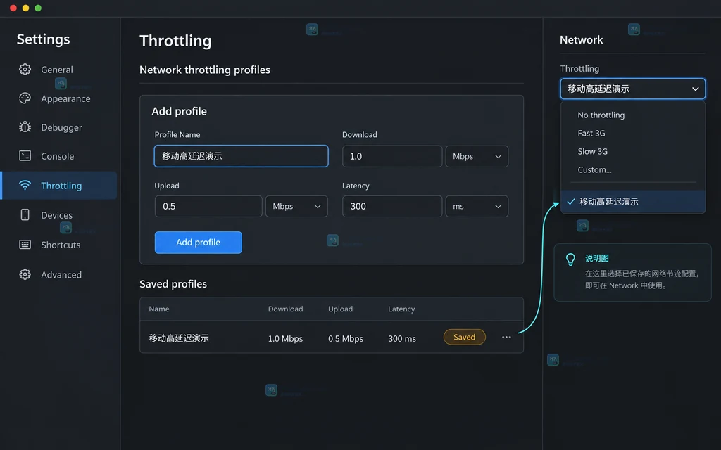 Chrome DevTools Settings Throttling 中填写网络自定义配置并回到 Network 选择的原创界面说明图
