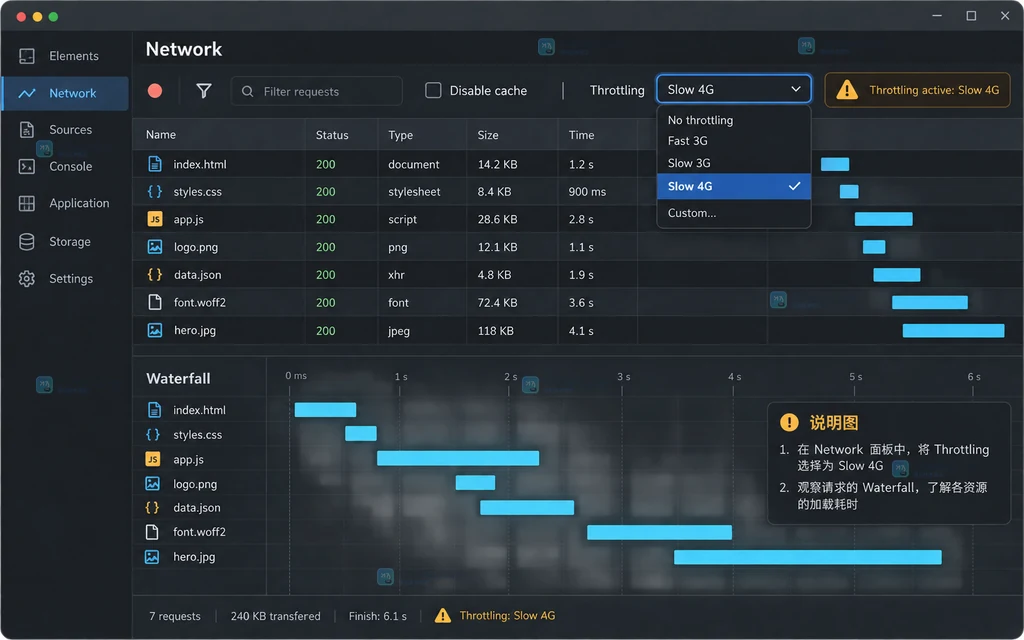 Chrome DevTools Network 面板中选择 Slow 4G 后观察请求表和 Waterfall 的原创界面说明图