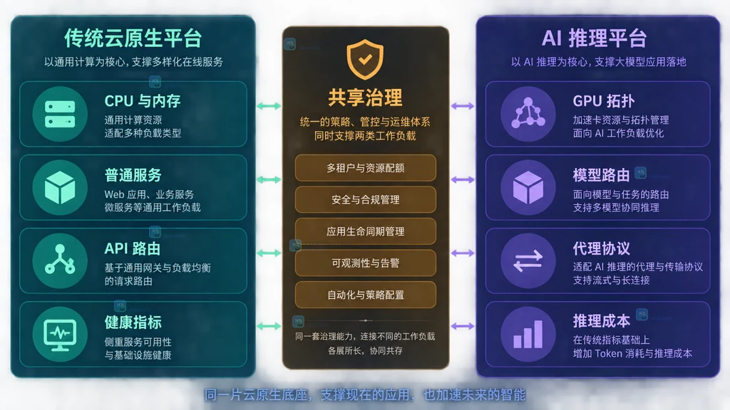 传统云原生平台与 AI 推理平台在资源、流量、观测和治理能力上的对比说明图