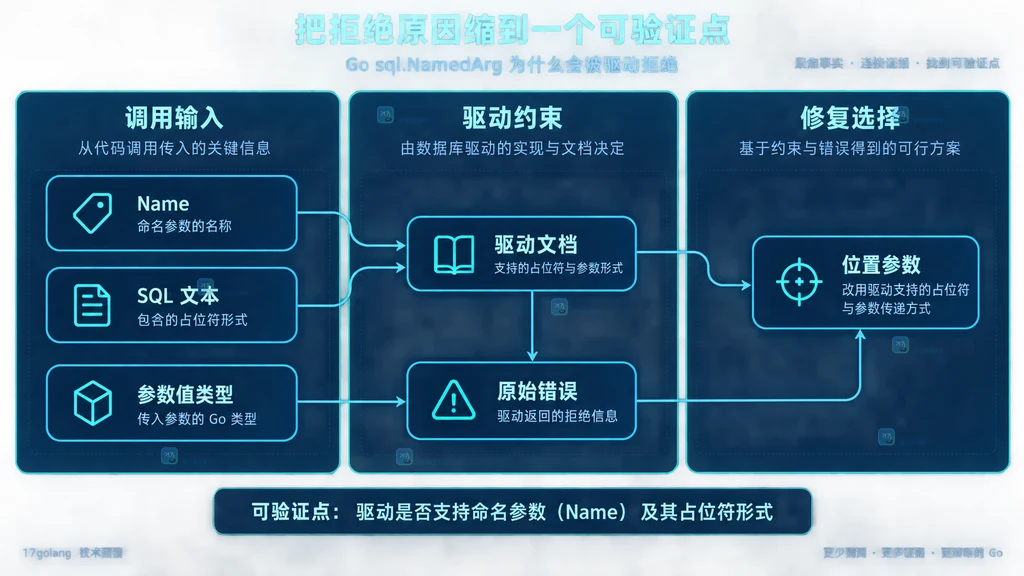 Go sql.NamedArg 拒绝问题中名称、SQL 文本、驱动能力和位置参数的诊断关系图