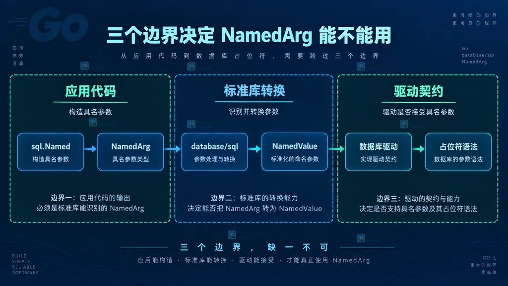 Go sql.NamedArg 从应用代码经 database/sql 进入数据库驱动的静态边界图