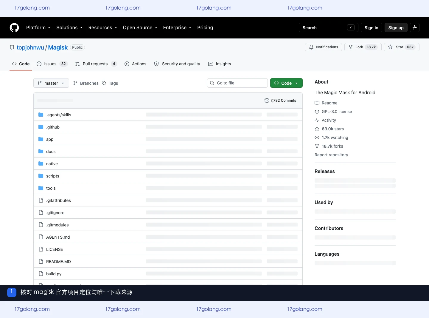 magisk 官方 GitHub 仓库首页显示产品定位与下载来源