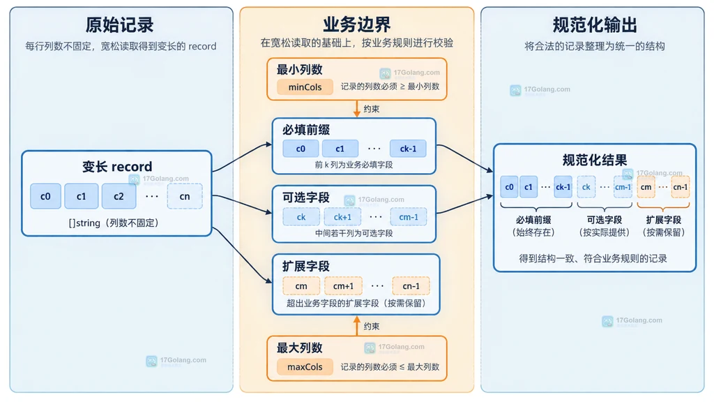 变长 CSV 记录的必填前缀可选字段扩展字段结构图