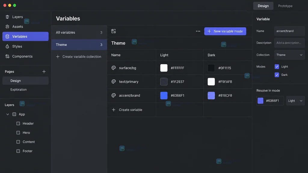 Figma Variables 视图中 Theme 集合的 Light 与 Dark 模式界面说明图