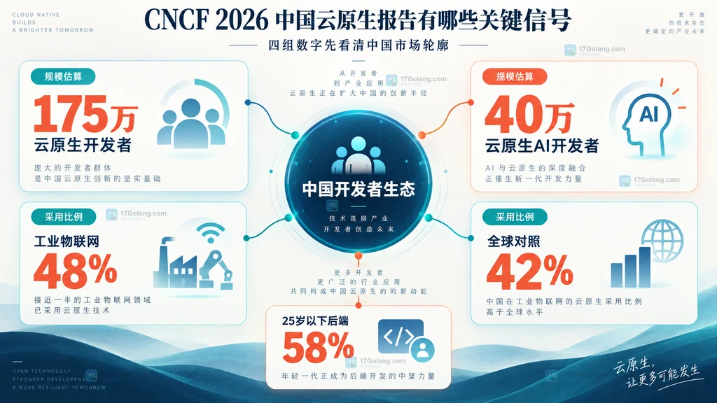 中国云原生开发者规模、云原生 AI、工业物联网和年轻后端采用信号图