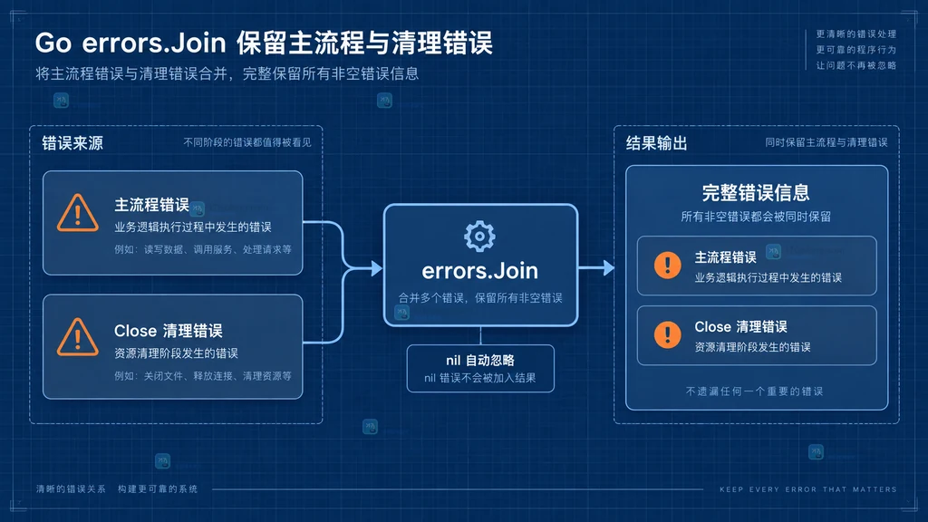 Go 主流程错误与清理错误汇入 errors.Join 的静态关系图