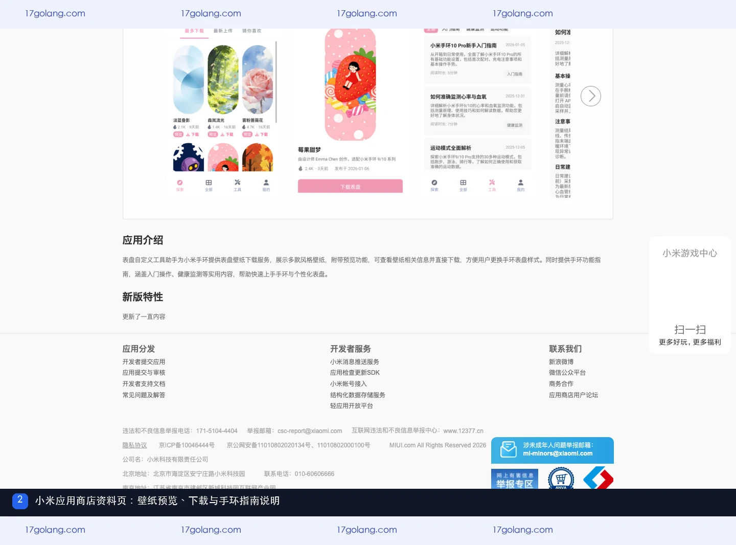 小米应用商店表盘自定义工具资料页，展示壁纸预览下载和手环指南说明