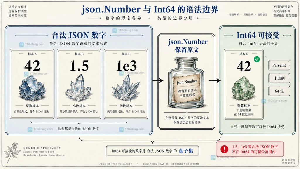 合法 JSON 数字与 json.Number Int64 整数语法边界图