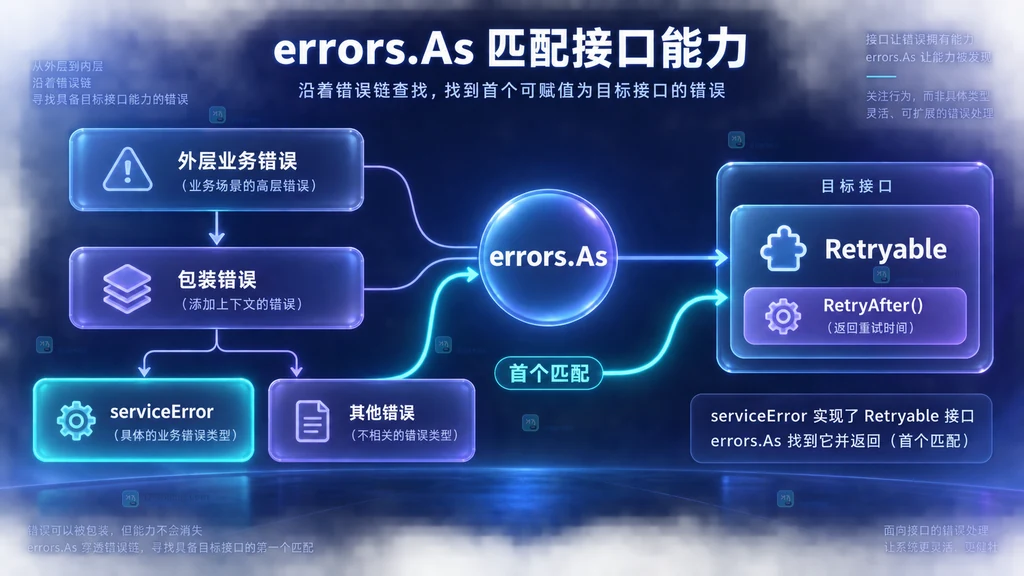 Go errors.As 在错误树中匹配能力接口的静态关系图