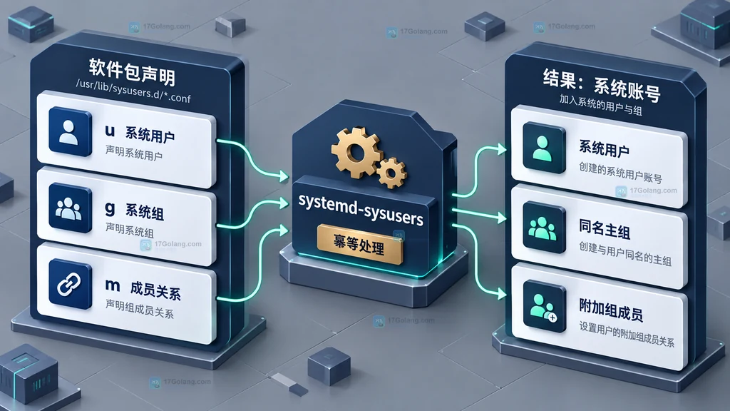 sysusers.d 用户组声明与系统账号结果的静态关系图