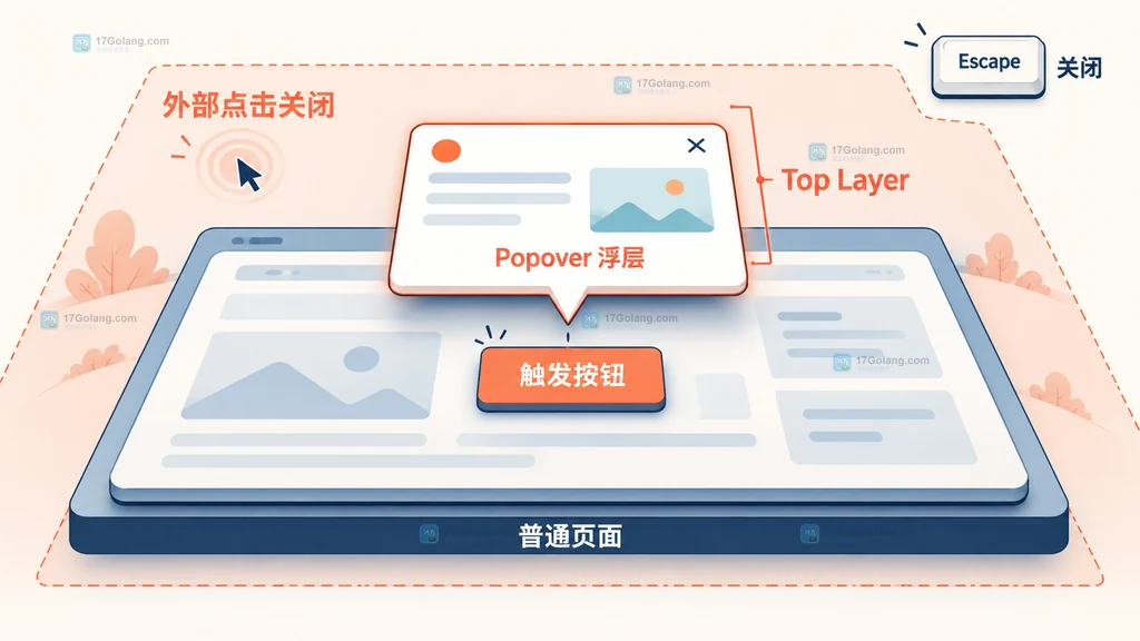 popover 触发按钮、普通页面与顶层浮层的关系示意图