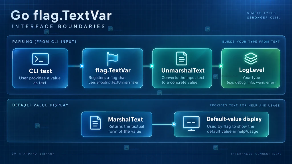 Go flag.TextVar、UnmarshalText、MarshalText 与 LogLevel 的接口边界图