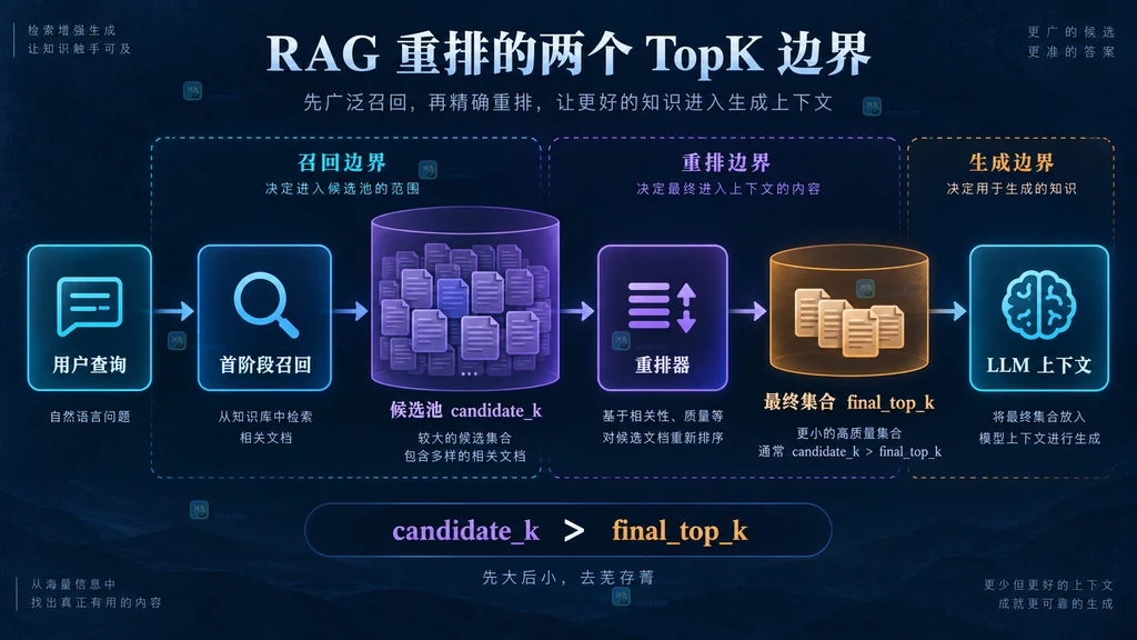 RAG 从首阶段召回候选池到重排和最终上下文的参数边界图