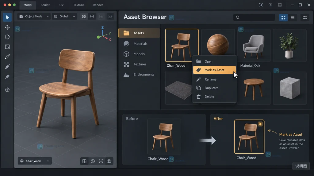 Blender Asset Browser 原创界面说明图,显示数据块被标记为资产并出现缩略图