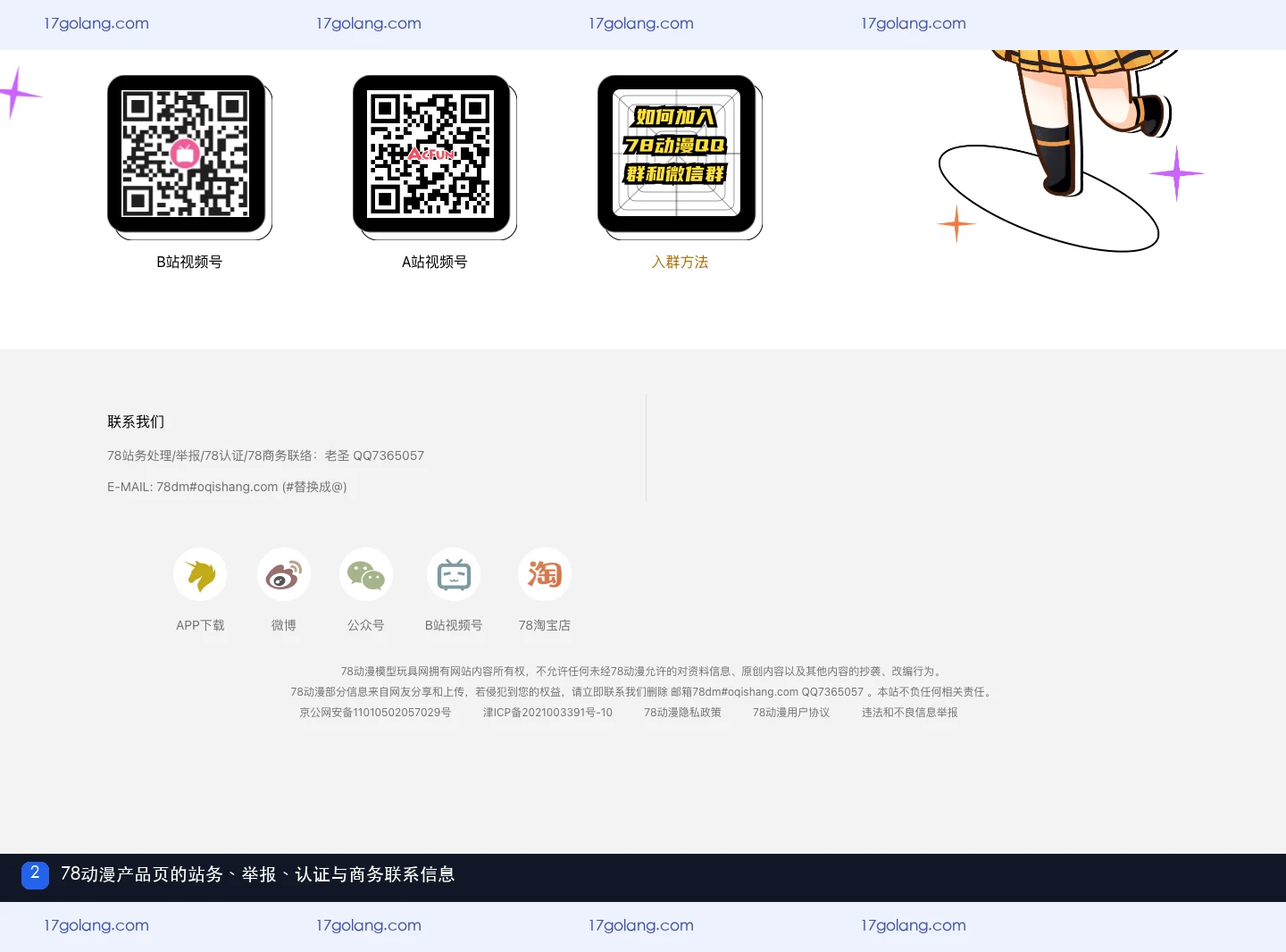 78动漫产品页底部展示站务举报认证和商务联络信息