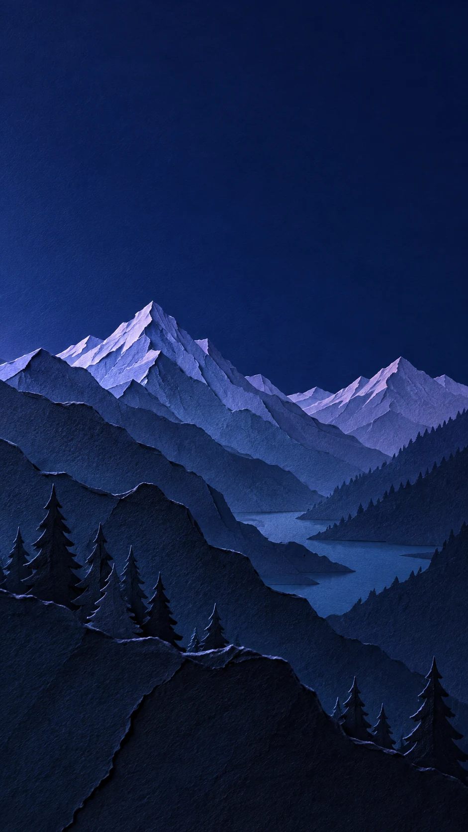 午夜蓝与冷蓝紫光纸雕层叠山脉手机壁纸变体,深色前景山脊和顶部锁屏留白形成明显差异