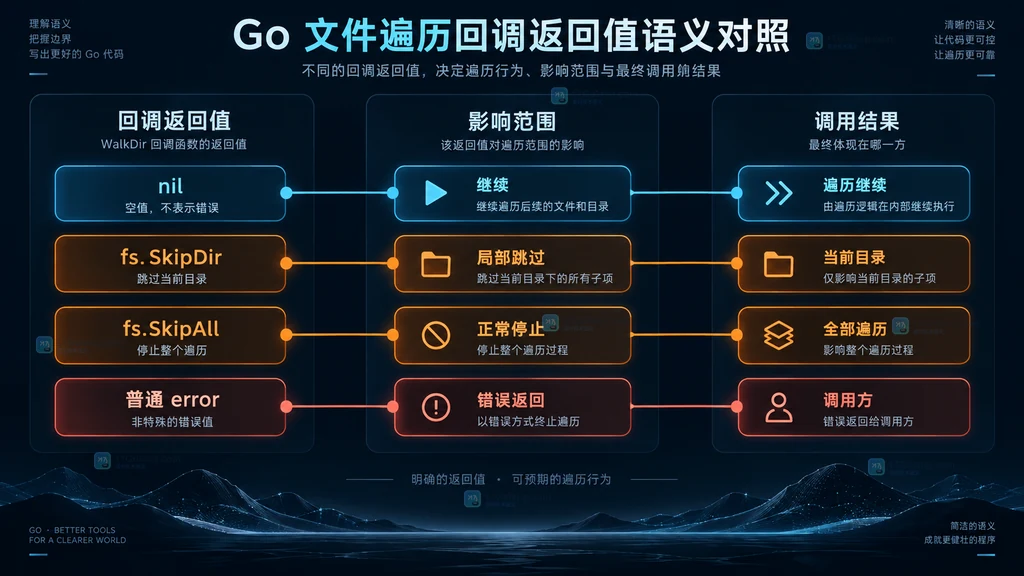 nil、fs.SkipDir、fs.SkipAll 与普通 error 的影响范围对照图