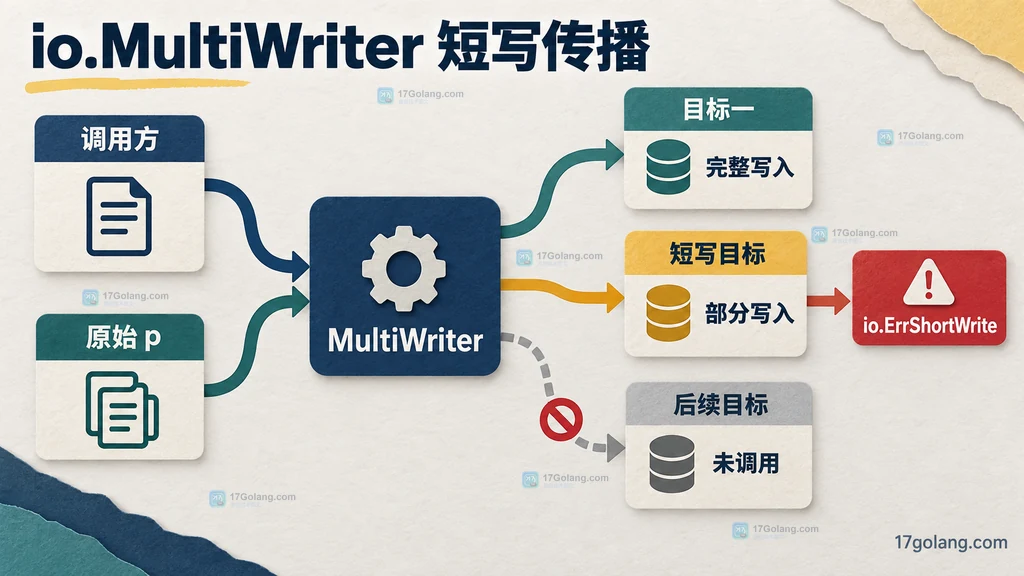 Go io.MultiWriter 遇到短写时的关系图，展示前序目标完整写入、当前目标部分写入和后续目标未调用