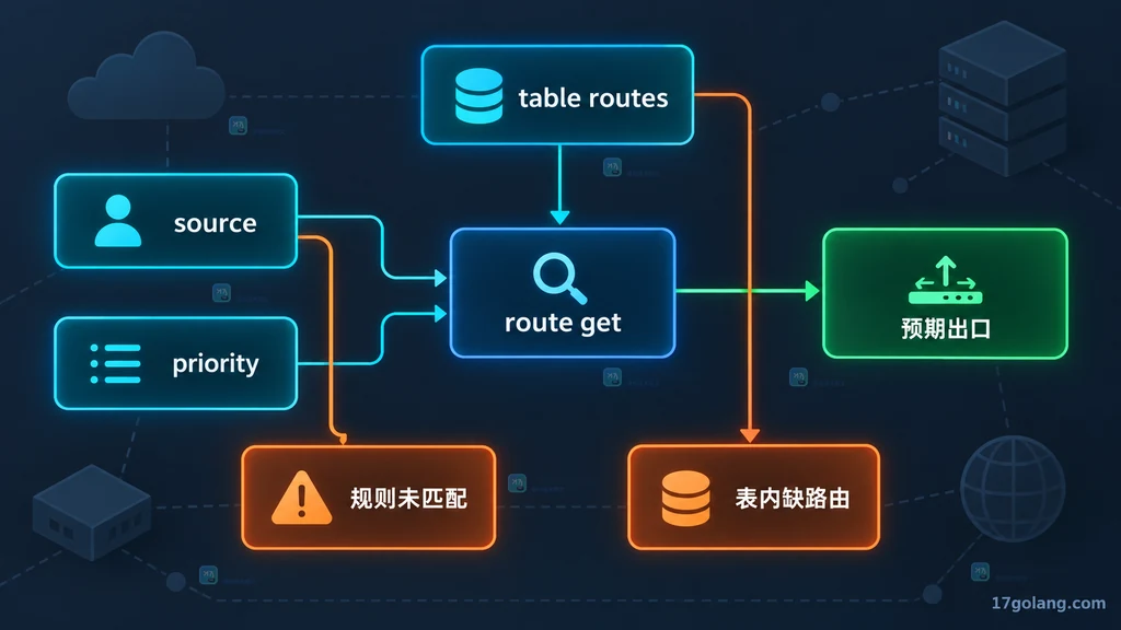 Linux 策略路由中 source、priority、table routes 和 route get 共同决定预期出口的排查说明图