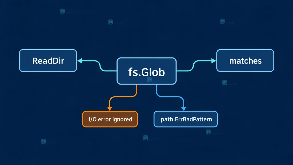 Go io/fs Glob 从模式到 ReadDir 的错误语义结构说明图
