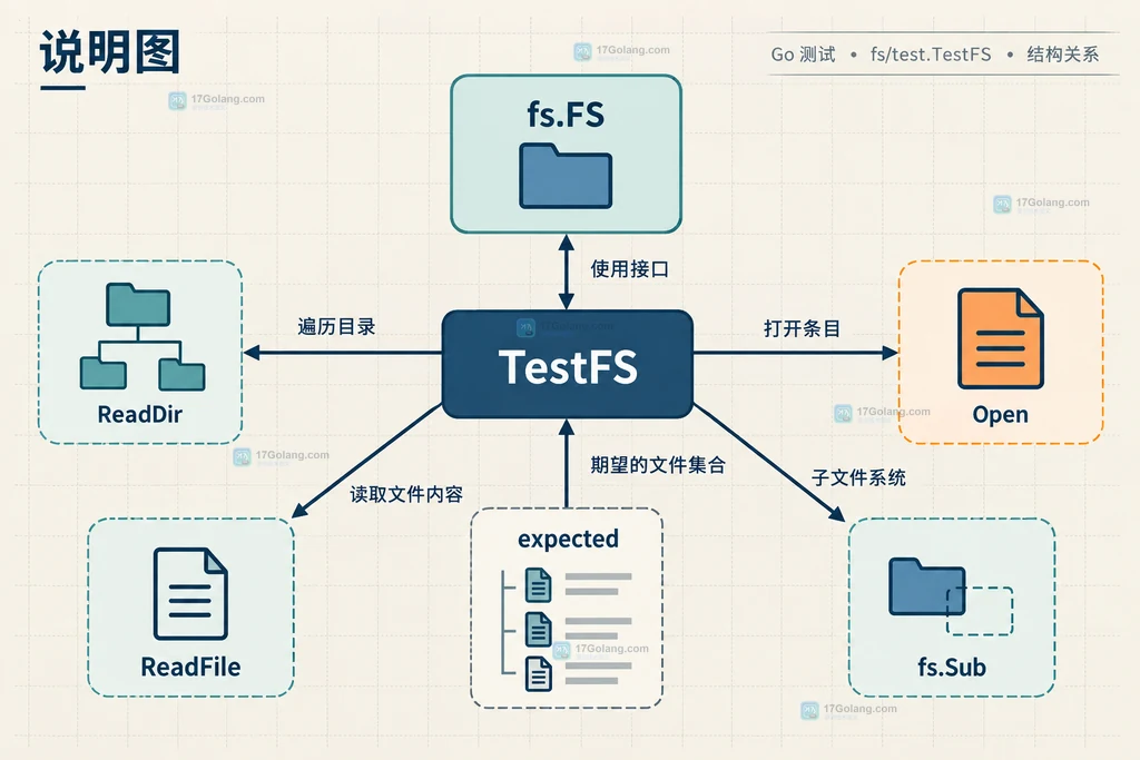 Go fstest.TestFS 检查 fs.FS、Open、ReadDir、ReadFile 和 expected 清单的关系结构说明图