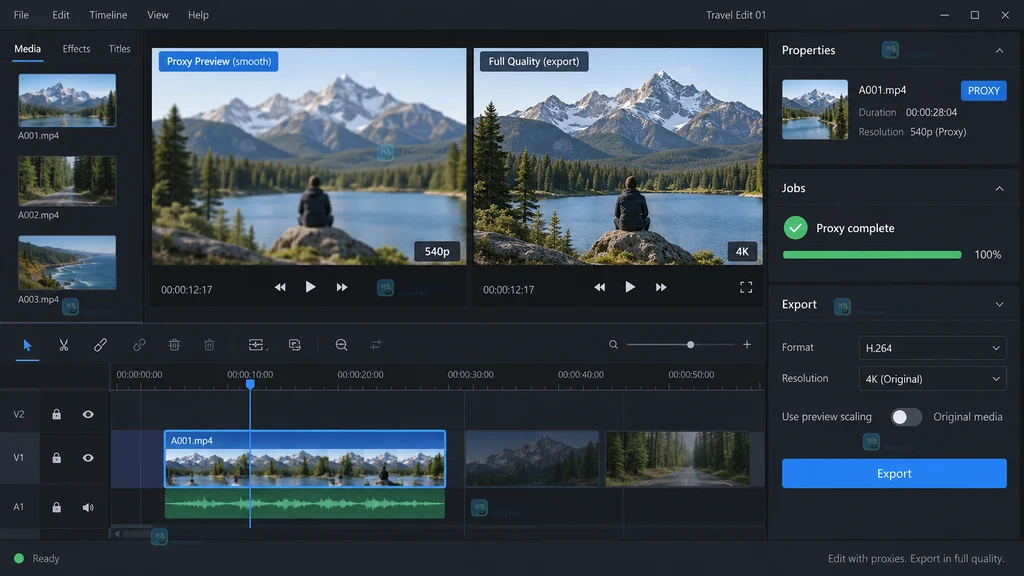 Shotcut 代理设置说明图，展示 Settings Proxy Use Proxy 开关与 Storage 项目目录选择