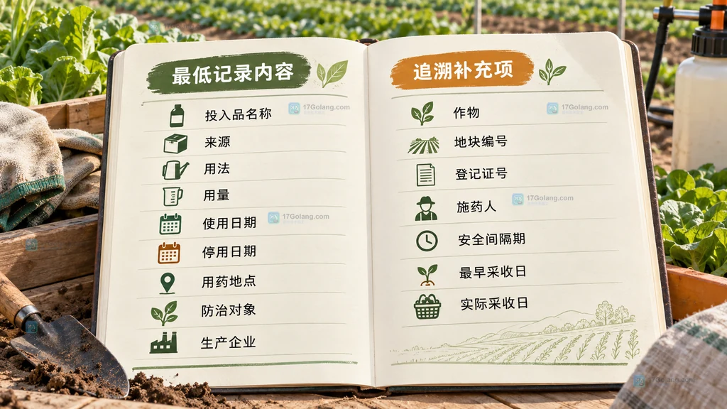 农产品种植用药记录的法定字段和田间追溯补充字段说明图