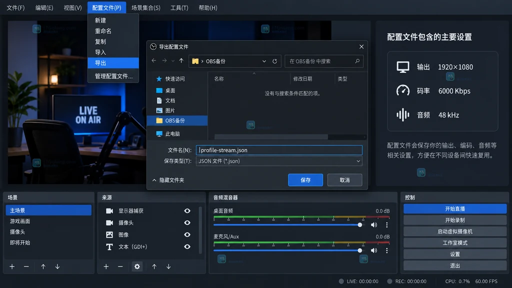原创 OBS 类直播软件 Profile 导出菜单和输出参数保存说明图