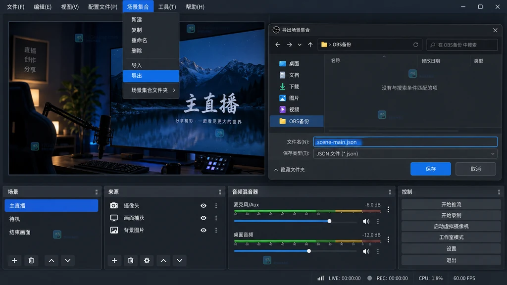 原创 OBS 类直播软件场景集合导出菜单和 JSON 保存窗口说明图