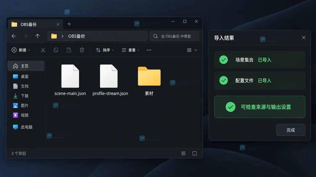 场景集合 JSON、Profile JSON、素材目录和导入成功状态的原创结果说明图