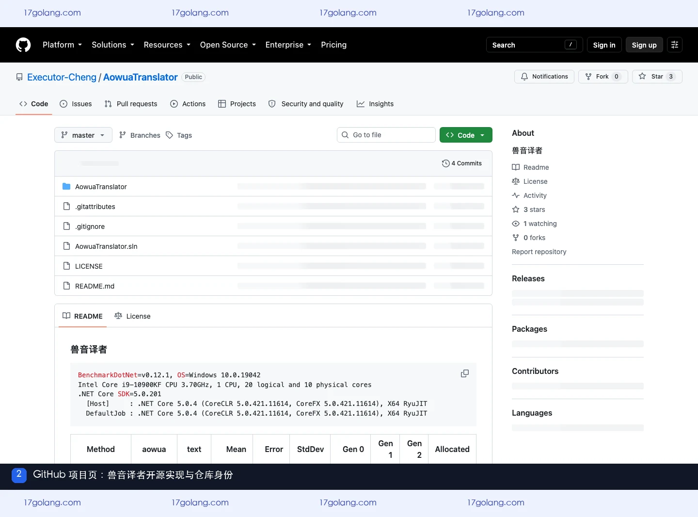 GitHub上的兽音译者项目页,展示仓库名称与转换实现基准
