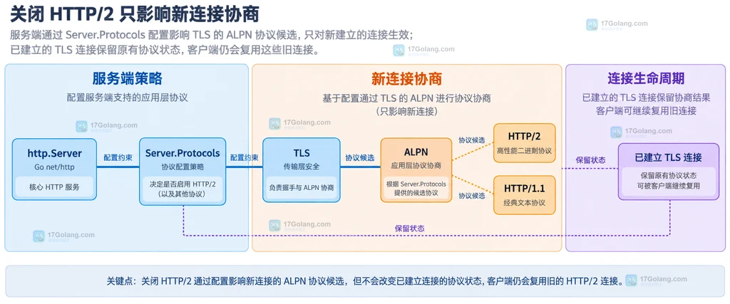Go http.Server、Server.Protocols、TLS、ALPN 与 HTTP/1.1 和 HTTP/2 的静态关系图