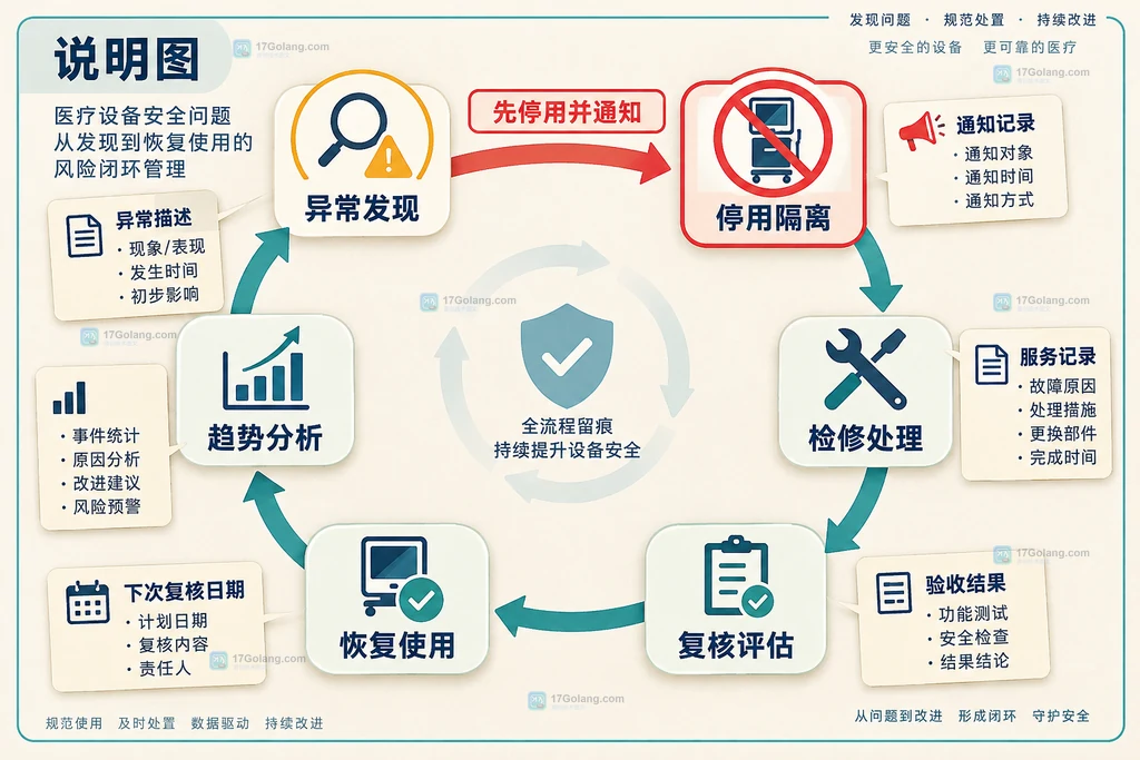 医疗器械维护保养记录中设备身份、说明书要求、维护周期、执行结果和附件凭据的关系说明图