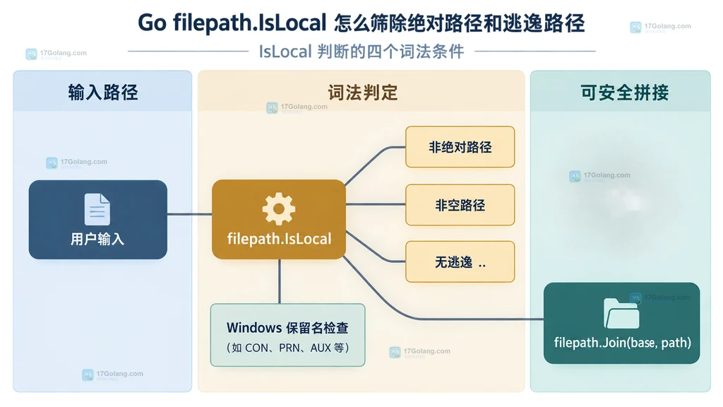 Go filepath.IsLocal 词法条件与安全拼接边界结构说明图
